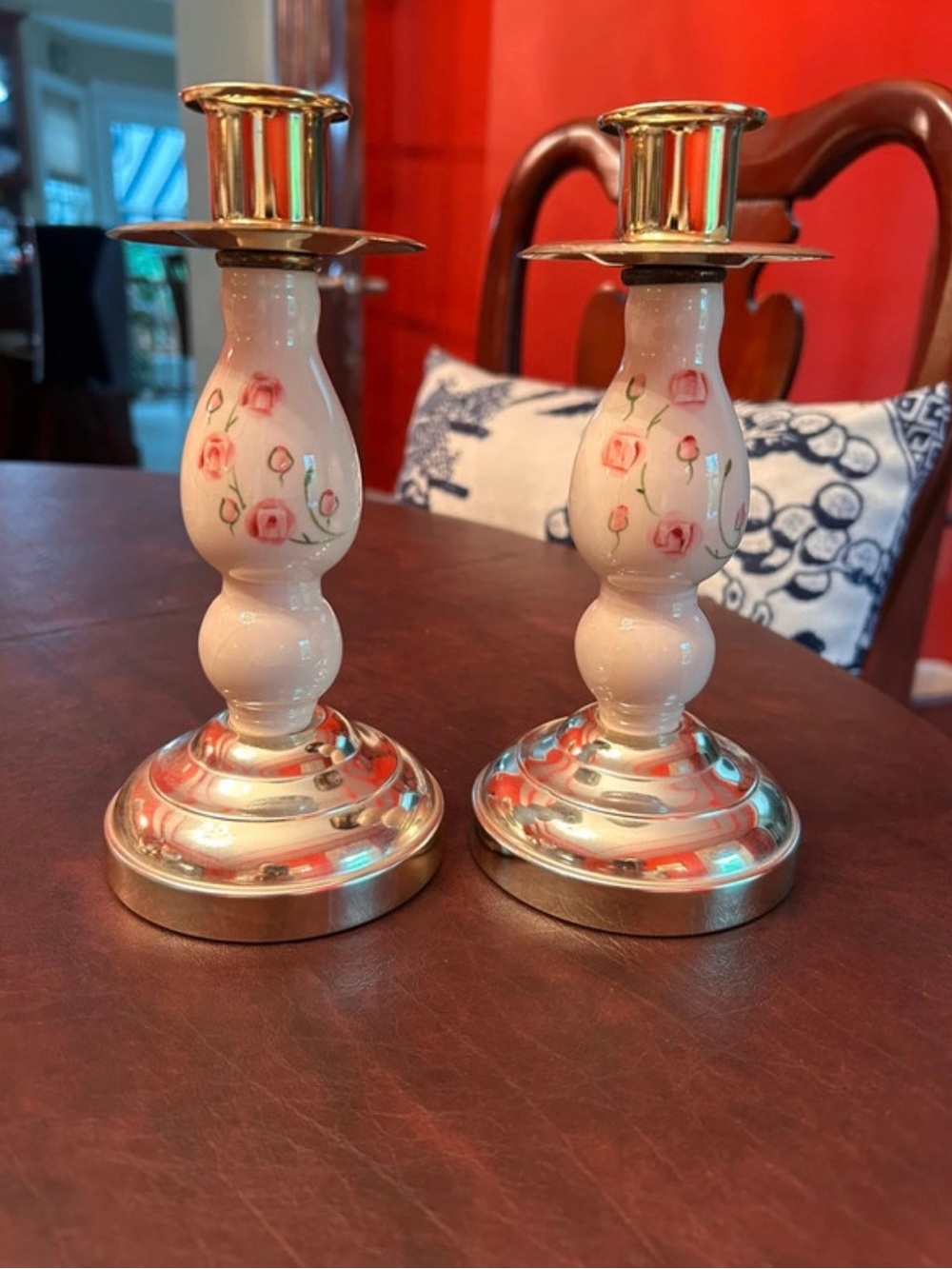 Ceramic Pink Rose Decorative Candlestick Pair with Gold Accents Home Interiors
